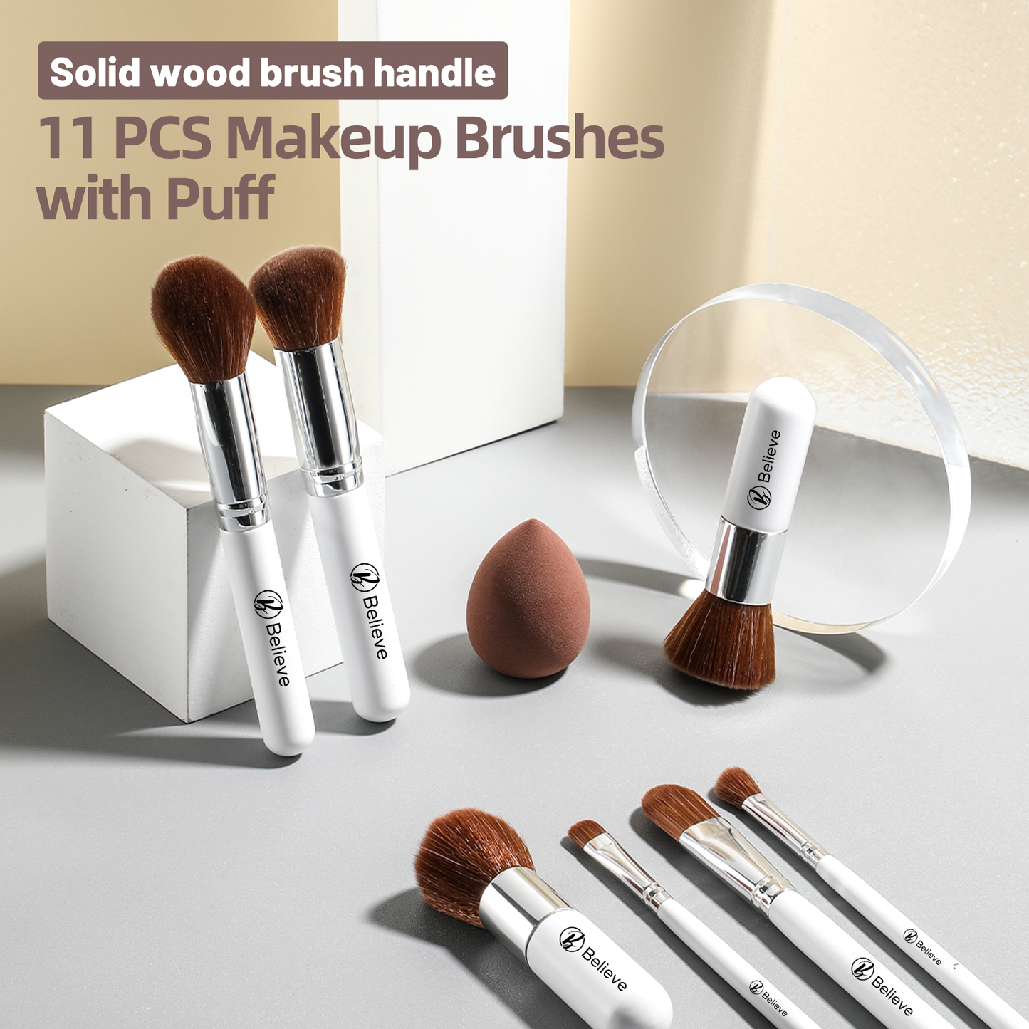 11 Piece White Bamboo Brush Set With Beauty Egg