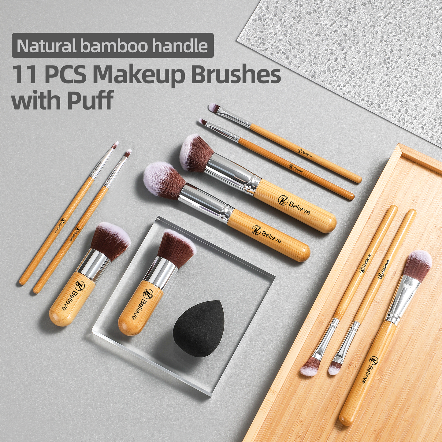 11 Piece Bamboo Makeup Brush Set With Beauty Egg